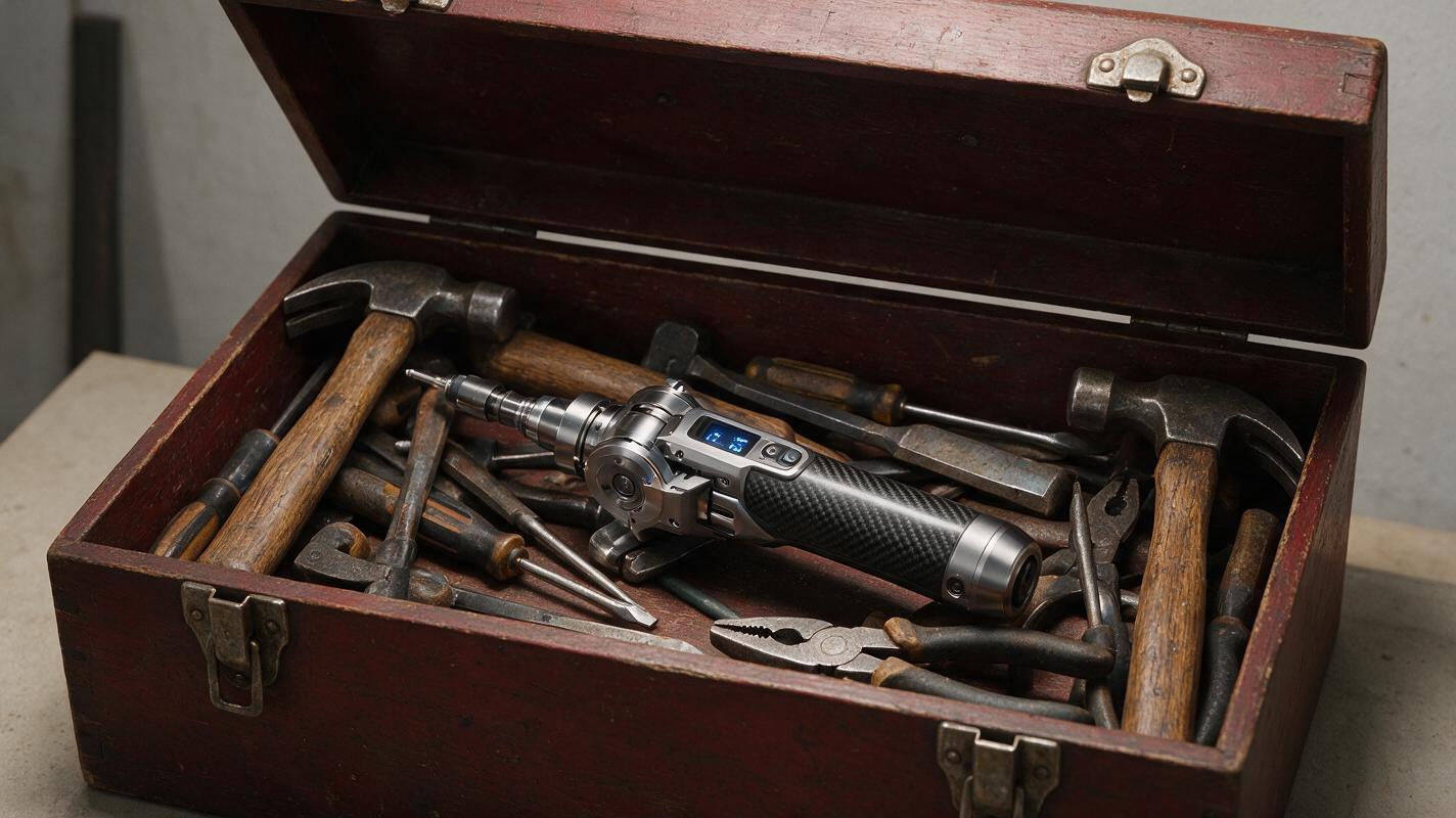 A traditional wooden toolbox filled with hand tools and a modern digital torque wrench